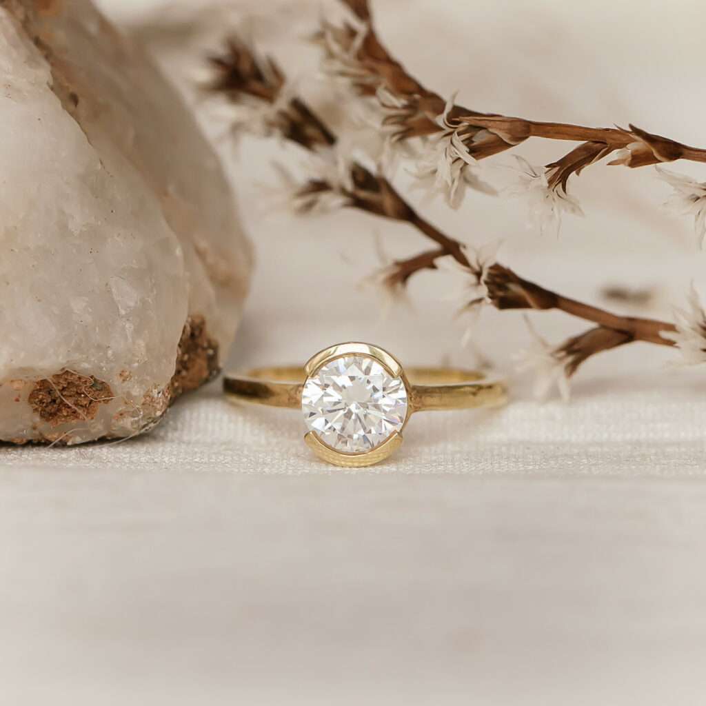 Round Brilliant Cut Half Tube Ring, Engagement Ring